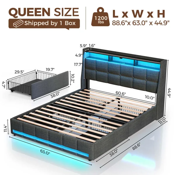 Dyane Upholstered Bed Full Bed Frame with Charging Station and LED Lights - Image 2