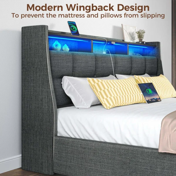 Dyane Upholstered Bed Full Bed Frame with Charging Station and LED Lights - Image 3
