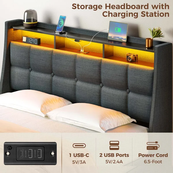 Dyane Upholstered Bed Full Bed Frame with Charging Station and LED Lights - Image 5